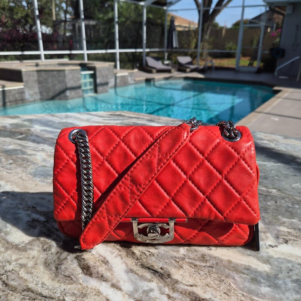CHANEL Icon Secret Label/Matelasse Coral/Red Quilted Lambskin Shoulder Bag